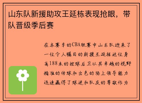 山东队新援助攻王延栋表现抢眼，带队晋级季后赛